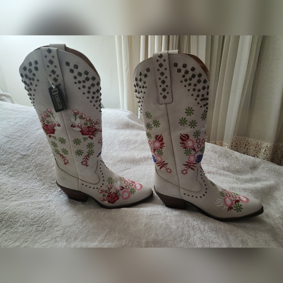 Dingo boots white poppy flowers embroidery high knee sz 10 New - Picture 6 of 9